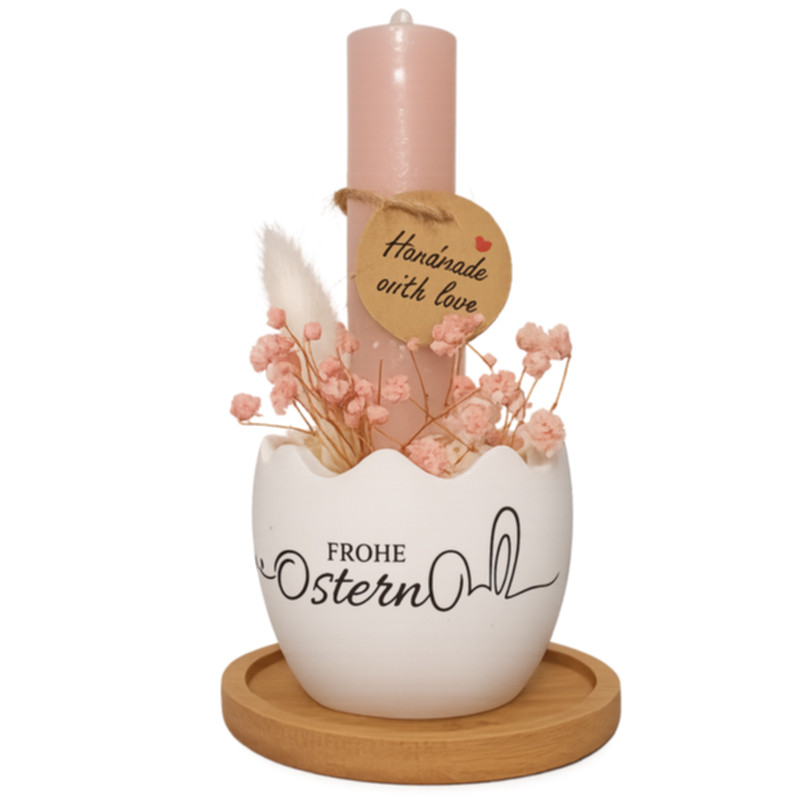 Preview: Osternest Rosa mit Kerze und Bambusteller kaufen Osterdeko mit Trockenblumen